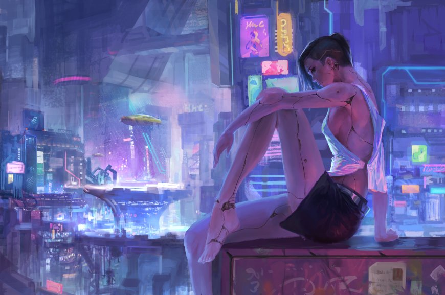 赛博朋克机械少女霓虹夜城俯瞰二次元动漫电脑壁纸