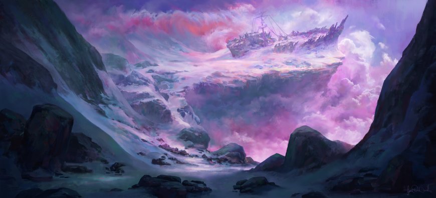 紫色云海雪山巅古船遗迹二次元风景电脑壁纸