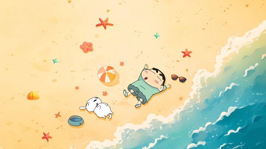 蜡笔小新小白沙滩躺平夏日治愈二次元动漫电脑壁纸