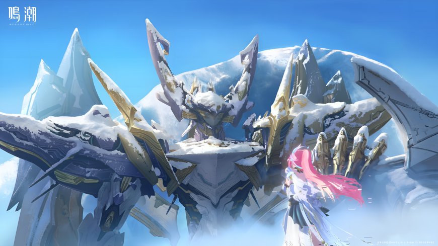 鸣潮粉发少女对峙雪巨人史诗对决游戏电脑壁纸