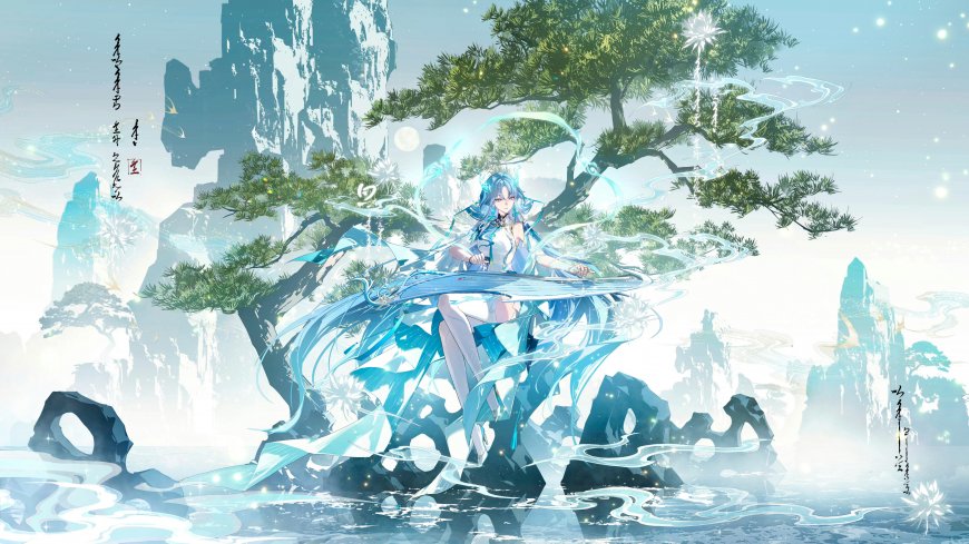 蓝发古风少女古琴松涛山水二次元动漫电脑壁纸
