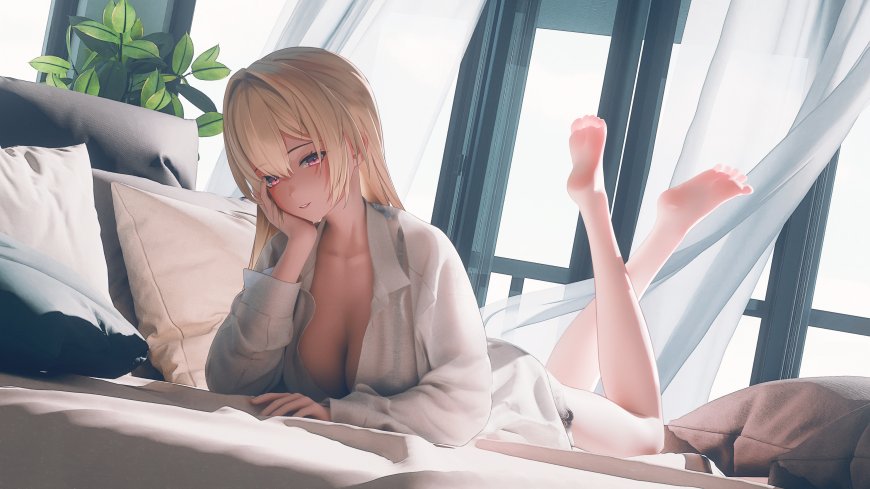金发白衬衫居家慵懒床上少女二次元动漫电脑壁纸