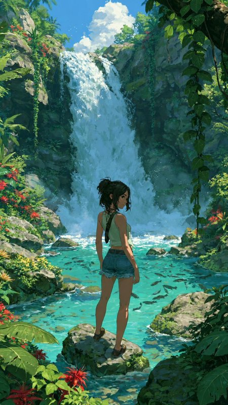 丛林瀑布回眸清新少女动漫手机壁纸