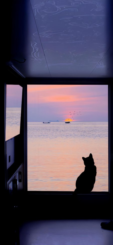 窗边猫咪剪影看海落日情感文艺手机壁纸