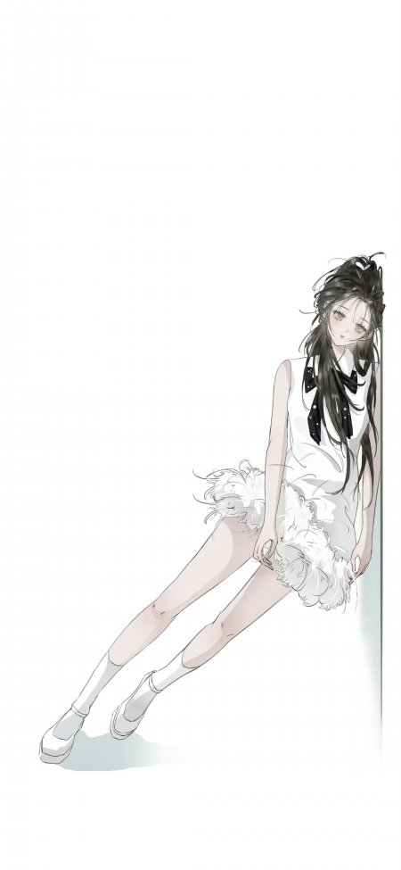 黑发白裙少女靠墙简约动漫手机壁纸