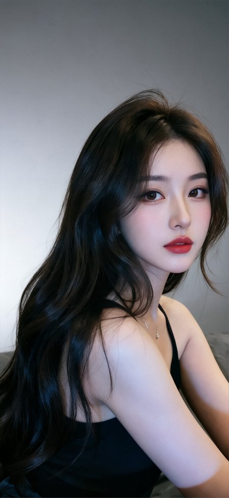 黑衣红唇回眸气质长发美女手机壁纸