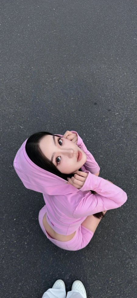 粉色连帽运动服俯拍仰望美女手机壁纸