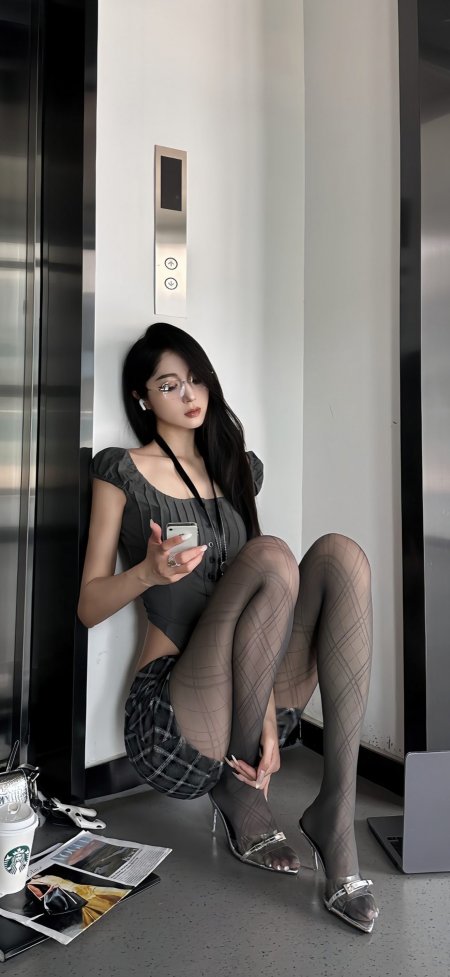 电梯口坐地刷手机格裙美女手机壁纸