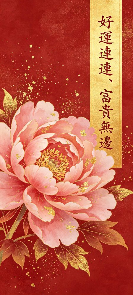 红金牡丹好运连连国风创意手机壁纸
