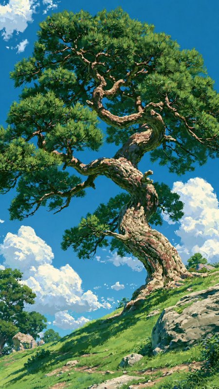 蓝天白云古松仰拍治愈风景手机壁纸
