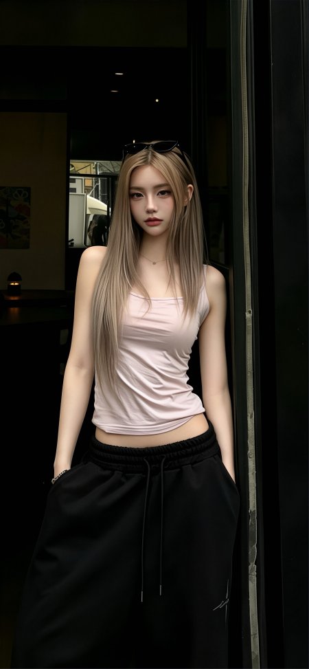 粉背心金发墨镜顶发美女手机壁纸