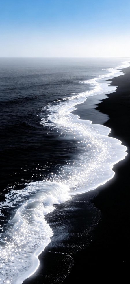 黑色沙滩曲线浪花唯美风景手机壁纸