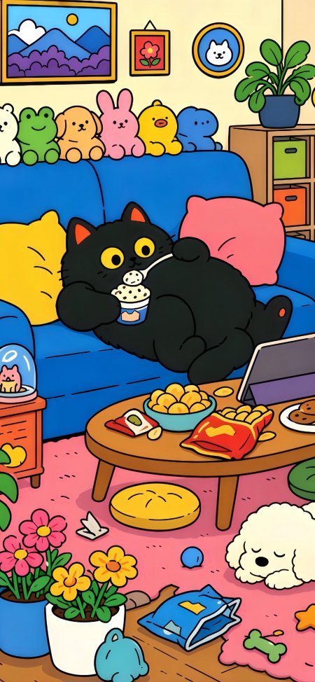 黑猫沙发吃冰淇淋宅家动漫手机壁纸