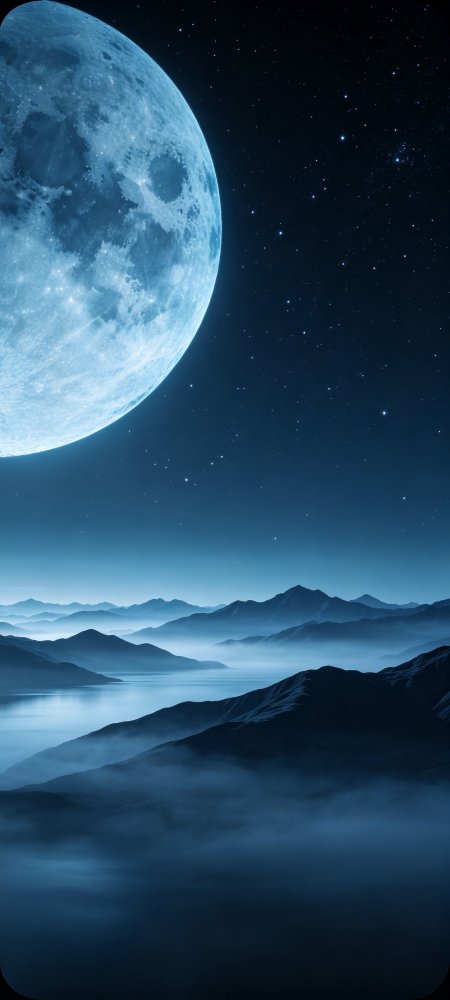 蓝色满月薄雾群山湖面风景手机壁纸