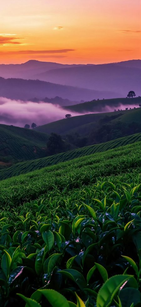 茶园日出晨雾层峦治愈风景手机壁纸