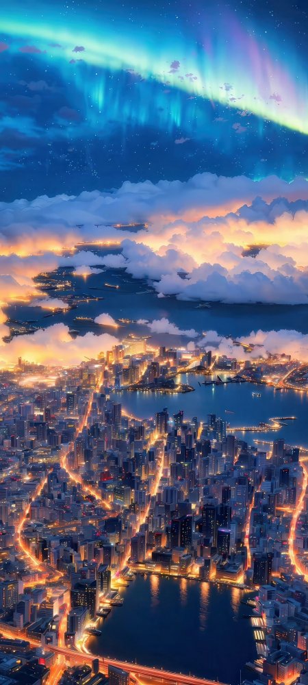 极光海滨城市夜景星空风景手机壁纸
