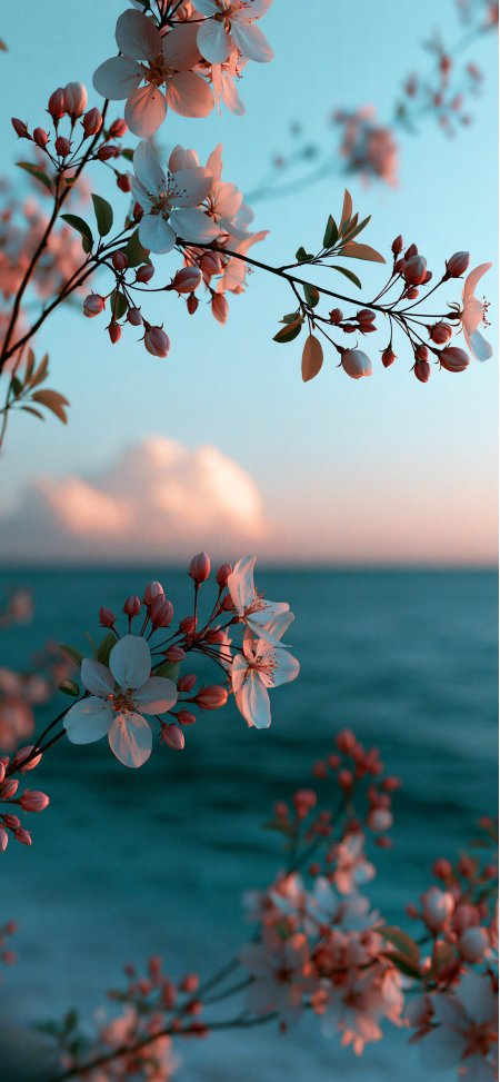 海边樱花枝晚霞唯美春日风景手机壁纸