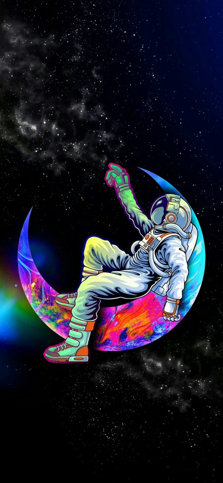 霓虹宇航员坐月星空创意手机壁纸
