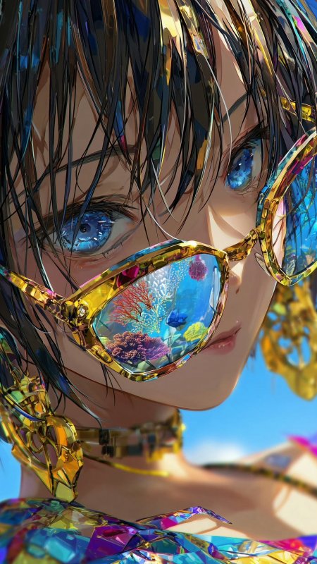 墨镜少女海底倒影夏日动漫手机壁纸