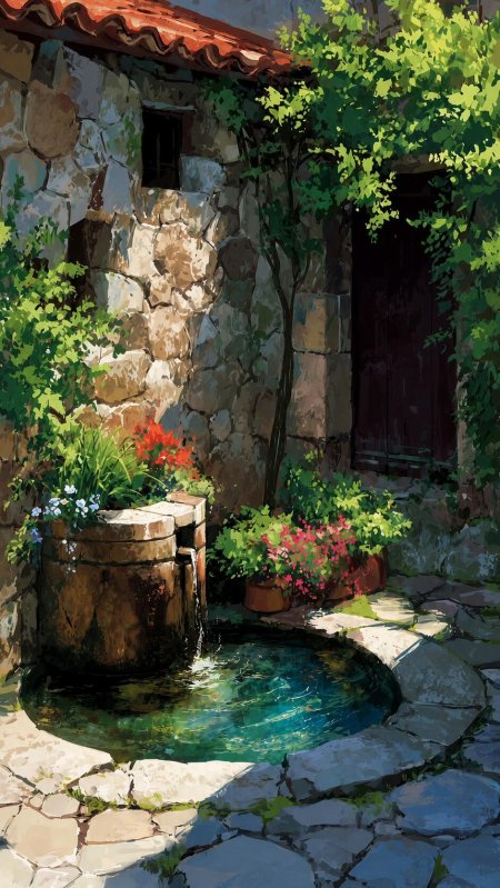 石院水池鲜花藤蔓阳光动漫手机壁纸
