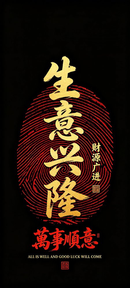 生意兴隆黑金书法招财创意手机壁纸