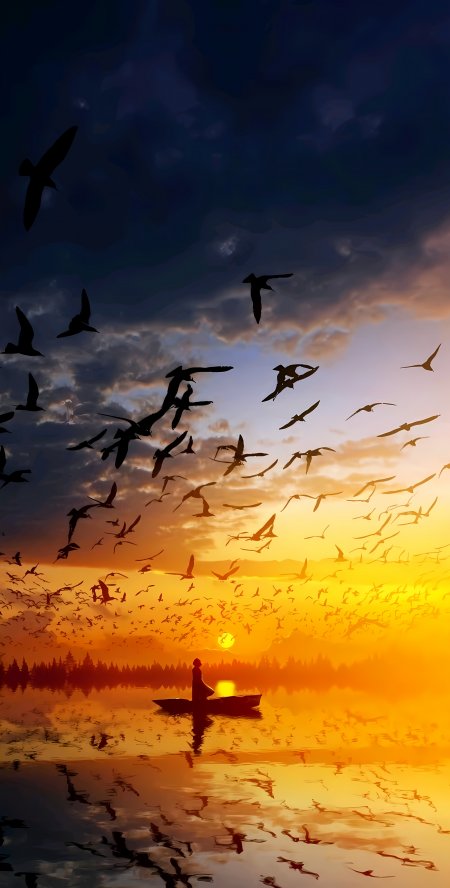 湖面夕阳孤舟飞鸟剪影风景手机壁纸