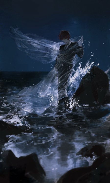 红发少年海边西装夜景动漫手机壁纸