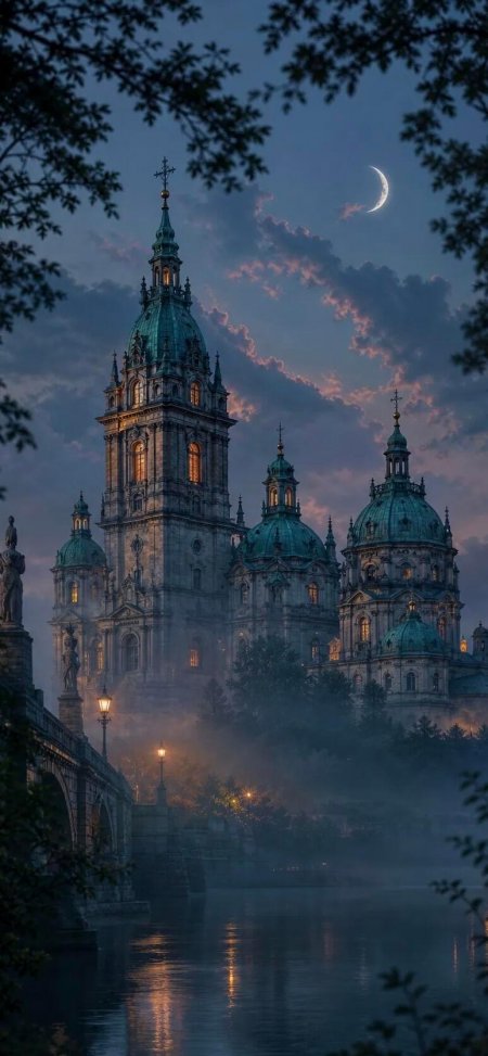 欧式教堂河畔月夜雾灯风景手机壁纸