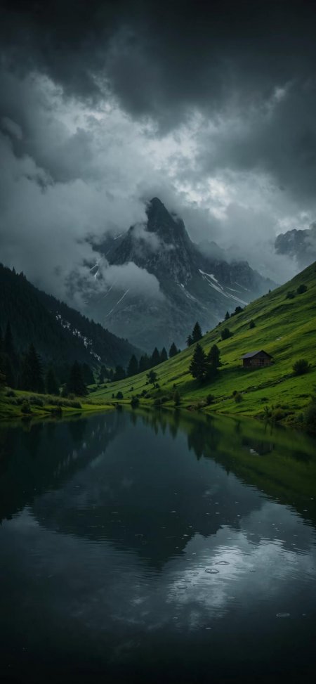 雾中山峰倒影湖畔小屋风景手机壁纸