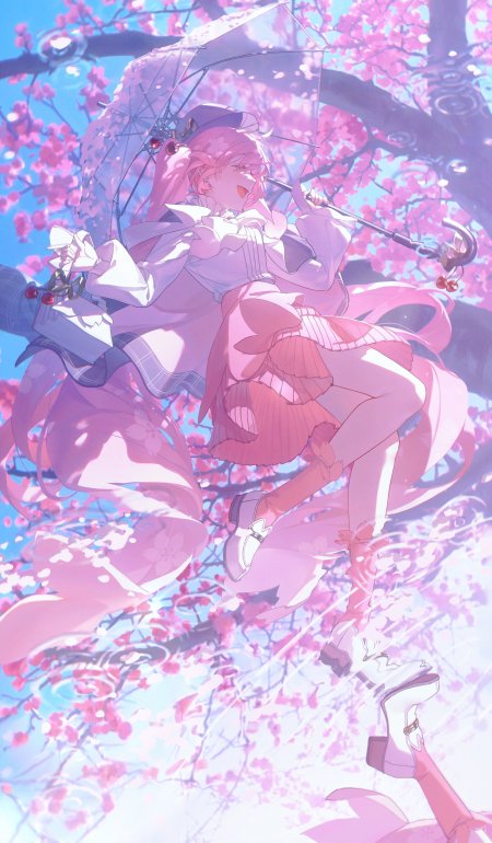 初音未来樱花伞粉发少女动漫手机壁纸