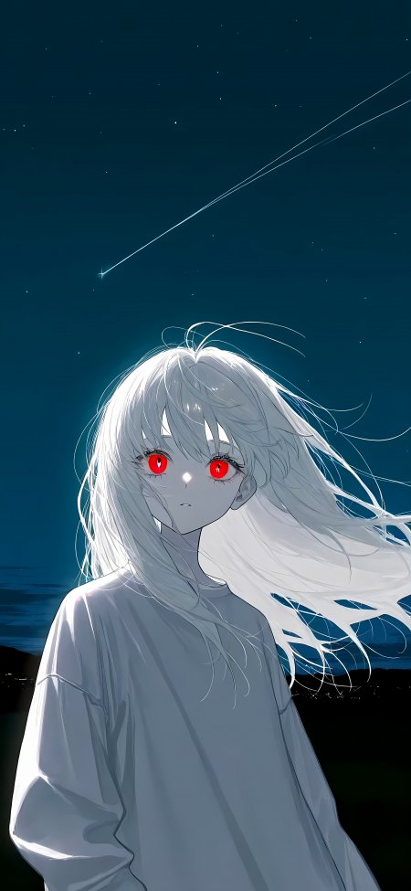 白发红瞳流星夜空少女动漫手机壁纸