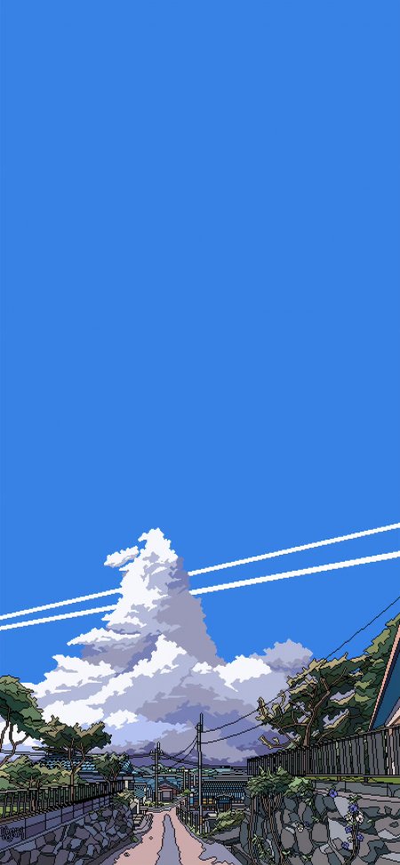像素风夏日小镇蓝天白云创意手机壁纸