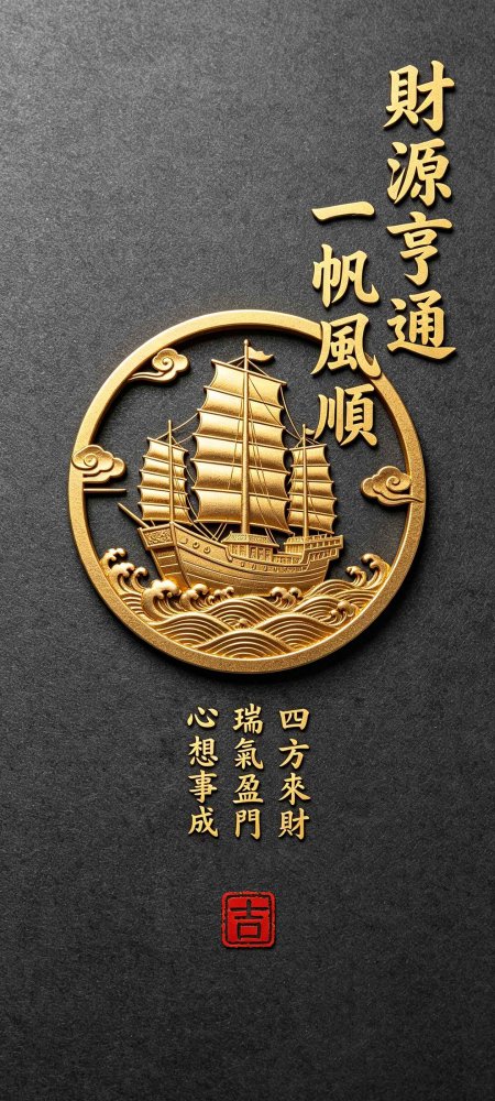 一帆风顺金帆浮雕招财创意手机壁纸