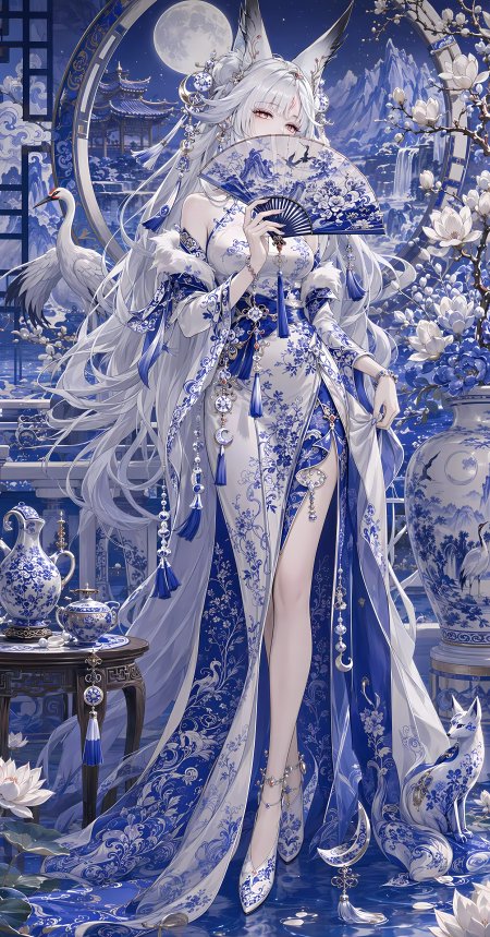 青花瓷狐耳少女国风旗袍动漫手机壁纸