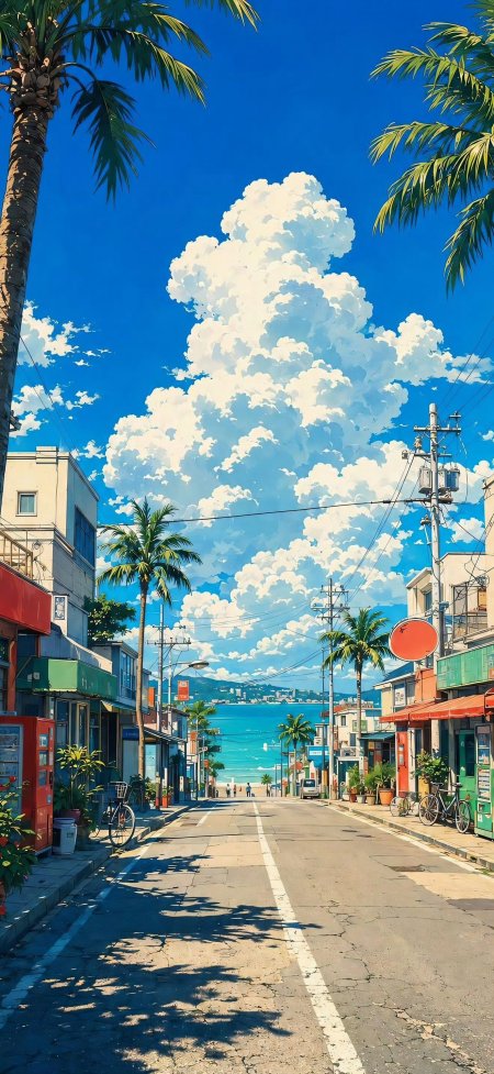 夏日海岸街景棕榈蓝天动漫手机壁纸