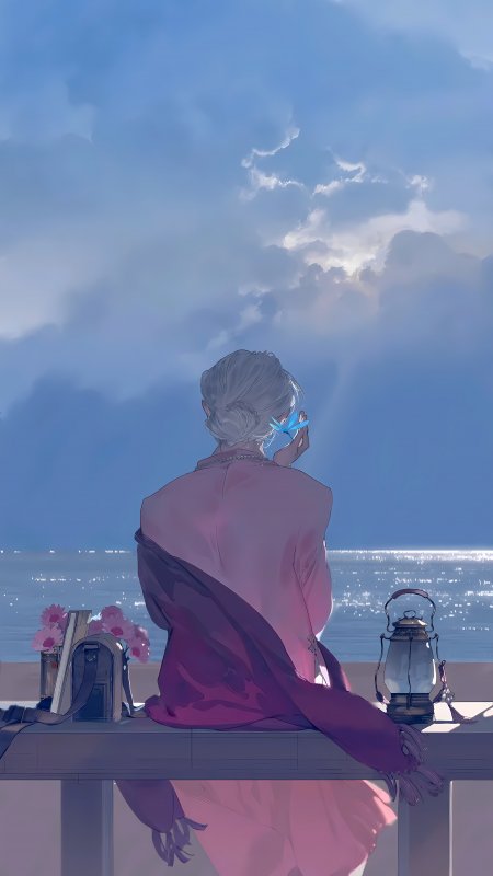 银发少女海边背影蝴蝶动漫手机壁纸