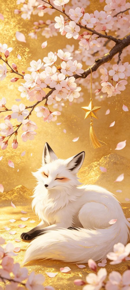 樱花白狐金色幻境治愈动漫手机壁纸