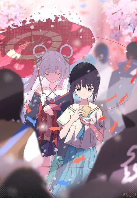 樱花祭典和服红伞少女动漫手机壁纸