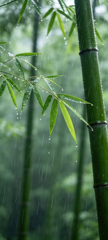 雨中竹林水珠翠竹清新风景手机壁纸