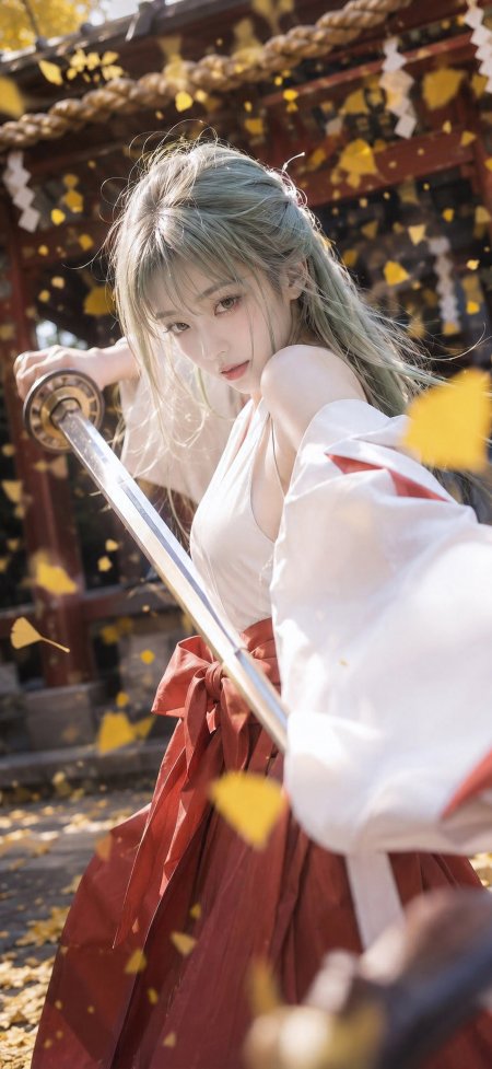 银发巫女红袴持刀秋叶美女手机壁纸