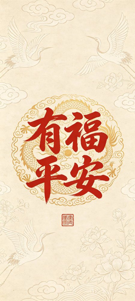 有福平安祥龙仙鹤国风创意手机壁纸
