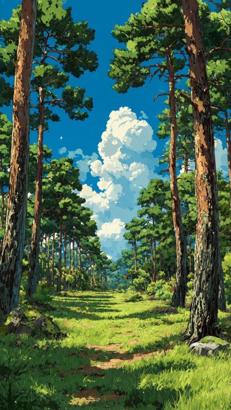 治愈系夏日松林蓝天白云动漫手机壁纸