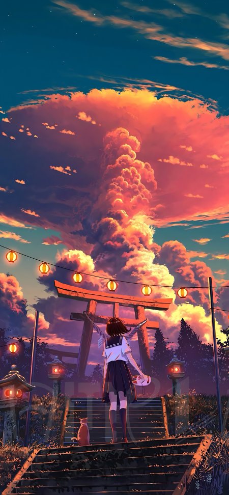 鸟居夕阳制服少女狐面动漫手机壁纸