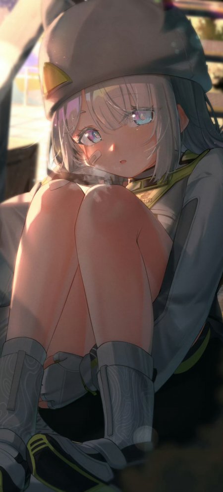 银发少女抱膝创可贴暖光动漫手机壁纸