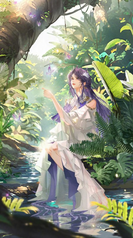 紫发少女森系蝴蝶阳光动漫手机壁纸