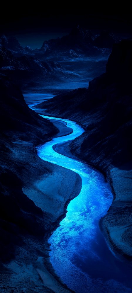 夜色峡谷发光蓝河梦幻风景手机壁纸