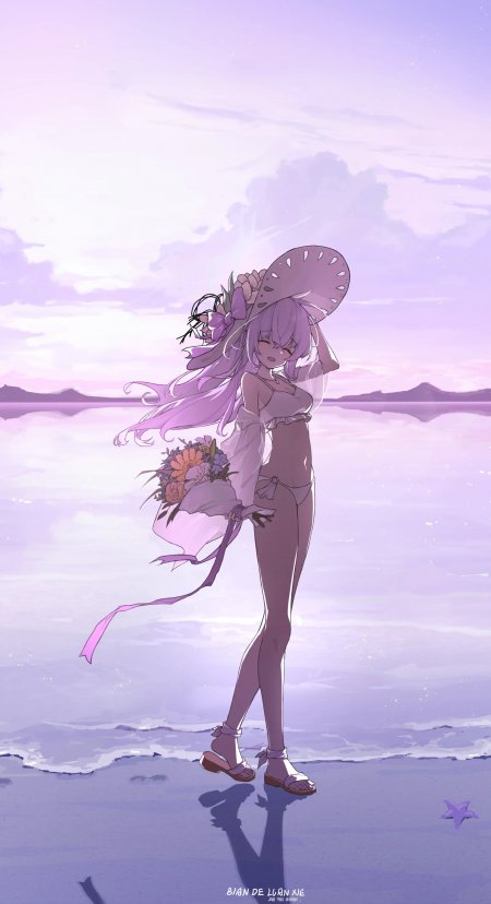 紫发少女沙滩晚霞泳装动漫手机壁纸