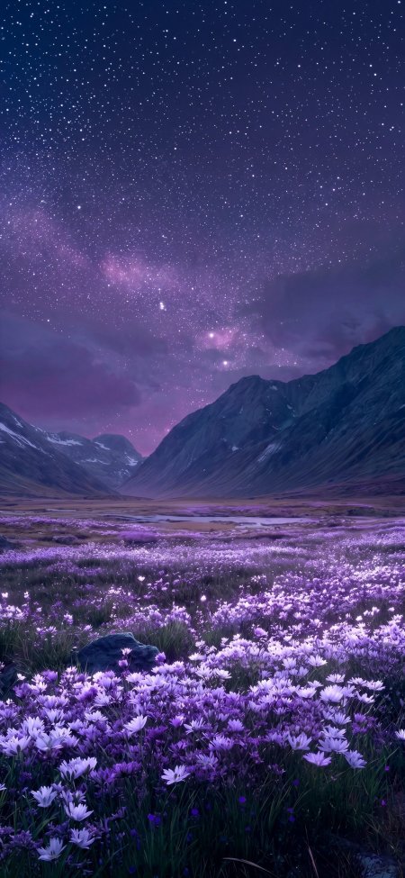紫色花海银河星空山谷风景手机壁纸