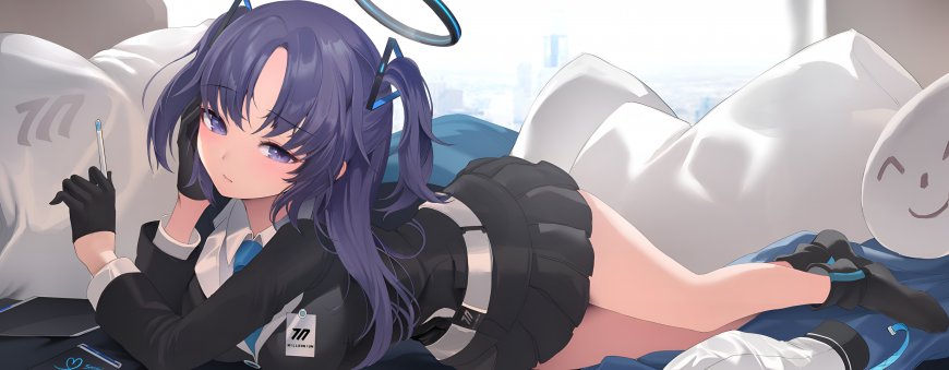 蔚蓝档案早濑优香制服侧躺少女动漫电脑壁纸