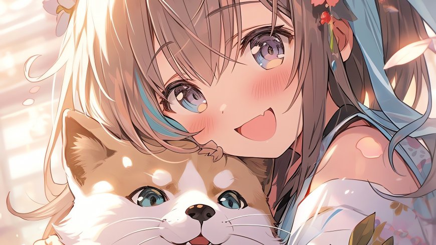 棕发少女贴脸拥抱猫咪温暖治愈动漫电脑壁纸